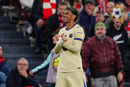 لامين يامال يحتفل بهدفه الرائع في مباراة برشلونة وأتلتيك بلباو في ملعب سان ماميس.